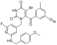 Benzonitrile, 3-[[5-bromo-3-[[2-fluoro-6-[[(4-methoxyphenyl)methyl]amino]-4-pyridinyl]methyl]-1,2,3,6-tetrahydro-2,6-dioxo-4-pyrimidinyl]carbonyl]-5-methyl- Structure,1006302-46-0Structure