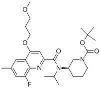 (3R)-3-[[[8-氟-4-(3-甲氧基丙氧基)-6-甲基-2-喹啉]羰基](1-甲基乙基)氨基]-1-哌啶羧酸 1,1-二甲基乙酯结构式_1078129-57-3结构式