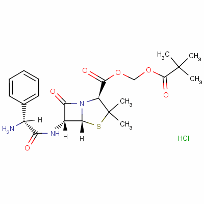 [2S-[2alpha,5alpha,6beta(S*)]]-6-(2-氨基-2-苯基乙酰氨基)-3,3-二甲基-7-氧代-4-硫杂-1-氮杂双环[3.2.0]庚烷-2-羧酸(特戊酰氧基)甲基酯单盐酸盐结构式_26309-95-5结构式