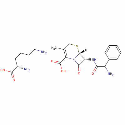 L-赖氨酸 (6R,7R)-7-[(2-氨基-2-苯基-乙酰基)氨基]-3-甲基-8-氧代-5-硫杂-1-氮杂双环[4.2.0]辛-2-烯-2-羧酸结构式_53950-14-4结构式