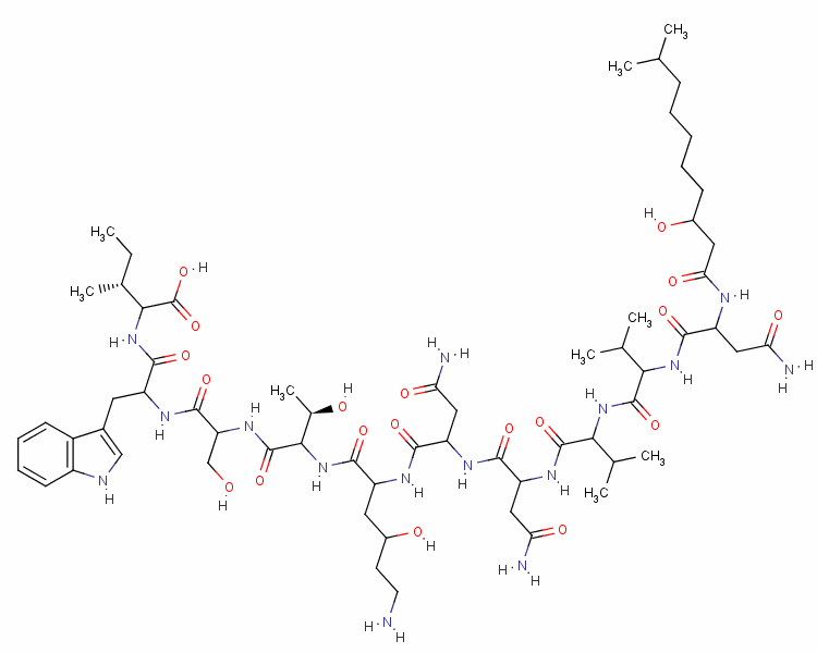 N2-(3-羟基-10-甲基癸酰基)-D-天冬氨酰胺酰-D-缬氨酰-D-缬氨酰-L-天冬氨酰胺酰-D-天冬氨酰胺酰-[(4R)-4-羟基-L-赖氨酰-]-D-别苏氨酰-L-丝氨酰-D-色氨酰-D-别异亮氨酸结构式_55467-31-7结构式
