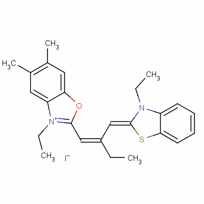 5,6-二甲基-2-(2-(3-乙基-2-(3)-苯并噻唑亚基)甲基)-1-丁烯基)-3-乙基-苯并恶唑鎓碘化物结构式_63870-45-1结构式