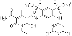 Disodium 4-[[5-(aminocarbonyl)-1-ethyl-1,6-dihydro-2-hydroxy-4-methyl-6-oxo-3-pyridyl]azo]-6-[(4,6-dichloro-1,3,5-triazin-2-yl)amino]benzene-1,3-disulphonate Structure,70865-29-1Structure