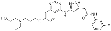 1H-Pyrazole-3-acetamide, 5-[[7-[3-[ethyl(2-hydroxyethyl)amino]propoxy]-4-quinazolinyl]amino]-N-(3-fluorophenyl)- Structure,722544-51-6Structure