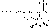 5-氯-6-[2,6-二氟-4-[3-(甲基氨基)丙氧基]苯基]-N-((1S)-2,2,2-三氟-1-甲基乙基)-[1,2,4]噻唑并[1,5-a]嘧啶-7-胺结构式_849550-05-6结构式