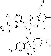 N-乙酰基-5-o-(4,4-二甲氧基三苯甲游基)-2-o-甲基鸟苷-3-(2-氰基乙基-N,N-二异丙基)亚磷酰胺结构式_909033-40-5结构式