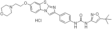 N-(5-叔丁基-异噁唑-3-基)-N-{4-[7-(2-吗啉-4-基乙氧基)咪唑并[2,1-b][1,3]苯并噻唑-2-基]苯基}脲双盐酸盐结构式_950769-62-7结构式