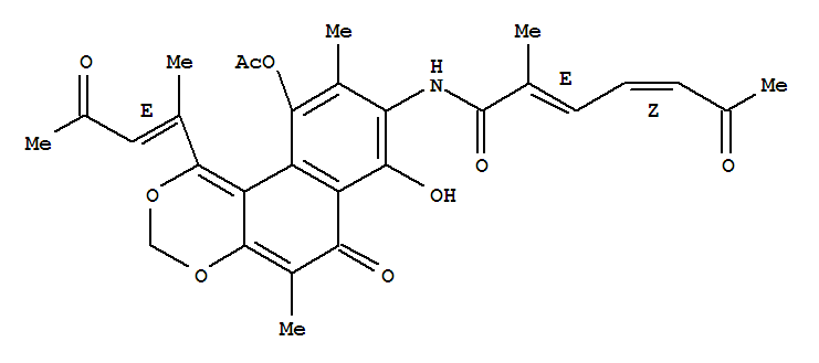 (2E,4z)-n-[10-乙酰氧基-7-羟基-5,9-二甲基-1-[(e)-1-甲基-3-氧代-1-丁烯]-6-氧代-6H-萘并[2,1-d][1,3]二噁英-8-基]-2-甲基-6-氧代-2,4-庚二烯酰胺结构式_58074-37-6结构式