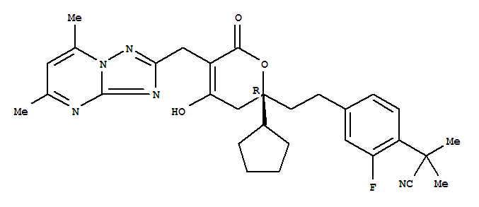 4-[2-[(2R)-2-环戊基-5-[(5,7-二甲基[1,2,4]噻唑并[1,5-a]嘧啶)甲基]-3,6-二氢-4-羟基-6-氧代-2H-吡喃]乙基]-2-氟-α,α-二甲基苯乙腈结构式_877225-09-7结构式