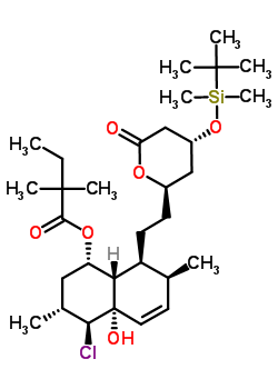 (1S,3R,4S,4aS,7S,8S,8aS)-4-氯-8-{2-[(2R,4R)-4-{[二甲基(2-甲基-2-丙基)硅烷基]氧基}-6-氧代四氢-2H-吡喃-2-基]乙基}-4A-羟基-3,7-二甲基-1,2,3,4,4A,7,8,8A-八氢-1-萘基2,2-二甲基丁酸酯结构式_123852-10-8结构式