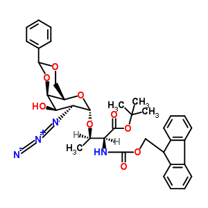 2-甲基-2-丙基(2S,3R)-3-{[(4aS,6S,7S,8R,8aR)-7-叠氮基-8-羟基-2-苯基六氢吡喃并[3,2-d][1,3]二恶英-6-基]氧基}-2-{[(9H-芴-9-基甲氧基)羰基]氨基}丁酸酯结构式_195976-07-9结构式