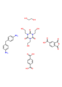 1,4-苯二甲酸与 1,3-二氢-1,3-二氧代-5-异苯并呋喃羧酸, 1,2-乙二醇, 4,4’-亚甲基二[苯胺]和 1,3,5-三(2-羟基乙基)-1,3,5-三嗪-2,4,6(1H,3H,5H)-三酮的聚合物结构式_24938-17-8结构式