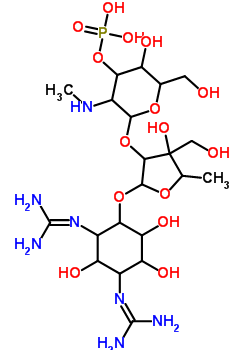 [2-[2-[2,4-二(二氨基亚甲基氨基)-3,5,6-三羟基环己基]氧基-4-羟基-4-(羟基甲基)-5-甲基四氢呋喃-3-基]氧基-5-羟基-6-(羟基甲基)-3-甲基氨基四氢吡喃-4-基]磷酸二氢酯结构式_33419-36-2结构式