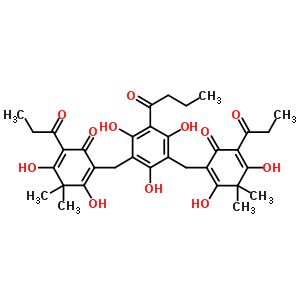 2-[[3-丁酰基-5-[(2,4-二羟基-3,3-二甲基-6-氧代-5-丙酰-环己-1,4-二烯-1-基)甲基]-2,4,6-三羟基-苯基]甲基]-3,5-二羟基-4,4-二甲基-6-丙酰-环己-2,5-二烯-1-酮结构式_51005-85-7结构式