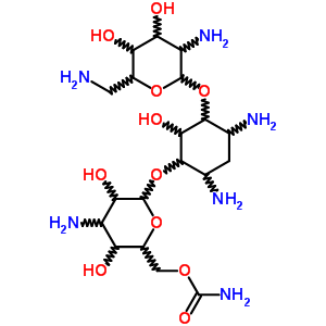 6-O-(3-氨基-6-氨基甲酰-3-脱氧-alpha-D-吡喃葡萄糖基)-4-O-(2,6-二氨基-2,6-二脱氧-alpha-D-吡喃葡萄糖基)-2-脱氧-D-链霉胺结构式_51736-76-6结构式