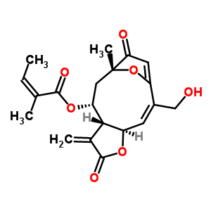 (Z)-2-甲基-2-丁烯酸 (3aR,4R,6R,10Z,11aR)-2,3,3a,4,5,6,7,11alpha-八氢-10-羟基甲基-6-甲基-3-亚甲基-2,7-二氧代-6,9-环氧环癸并[b]呋喃-4-基酯结构式_59481-48-0结构式