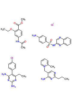 1-[(4-氨基-2-丙基-5-嘧啶基)甲基]-2-甲基-吡啶鎓氯化物与 4-氨基-N-2-喹喔啉基苯磺酰胺, 5-(4-氯苯基)-6-乙基-2,4-嘧啶二胺和 4-(乙酰氨基)-2-乙氧基苯甲酸甲酯混合物结构式_59988-99-7结构式