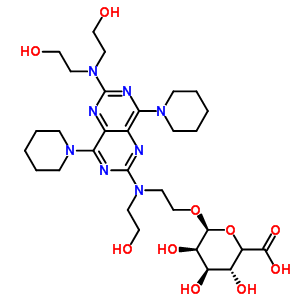 6-[2-[[2-[二(2-羟基乙基)氨基]-4,8-二(1-哌啶基)嘧啶并[5,4-d]嘧啶-6-基]-(2-羟基乙基)氨基]乙氧基]-3,4,5-三羟基-四氢吡喃-2-羧酸结构式_63912-02-7结构式