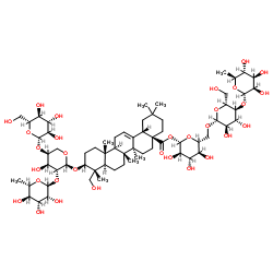3-O-β-D-葡萄糖( 1→4)-[ a -L-鼠李糖(1→2)]- a-L-阿拉伯糖 常春藤配基- 28-O-鼠李糖(1→4)葡萄糖(1→6)葡萄糖苷结构式_68027-14-5结构式