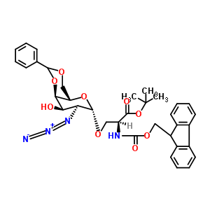 2-甲基-2-丙基(2S)-3-{[(4aS,6S,7S,8R,8aR)-7-叠氮基-8-羟基-2-苯基六氢吡喃并[3,2-d][1,3]二恶英-6-基]氧基}-2-{[(9H-芴-9-基甲氧基)羰基]氨基}丙酸酯结构式_878483-02-4结构式