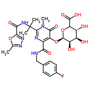 4-[(4-氟苄基)氨基甲酰]-1-甲基-2-(2-{[(5-甲基-1,3,4-恶二唑-2-基)羰基]氨基}-2-丙基)-6-氧代-1,6-二氢-5-嘧啶基(5xi)-beta-L-来苏-吡喃己酮糖苷酸结构式_952654-62-5结构式
