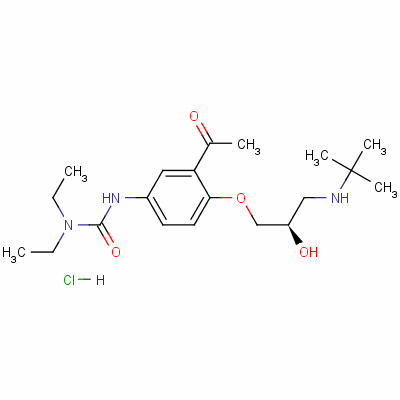 (+)-3-(3-乙酰基-4-(3-(叔丁基氨基)-2-羟基丙氧基)苯基)-1,1-二乙基脲盐酸盐结构式_125638-91-7结构式