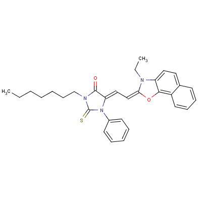 5-[(3-乙基萘并[2,1-d]恶唑-2(3H)-亚基)亚乙基]-3-庚基-1-苯基-2-硫代咪唑烷-4-酮结构式_13242-16-5结构式