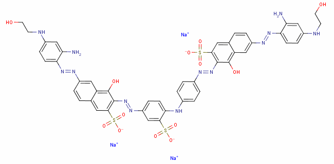 6-[[2-氨基-4-[(2-羟基乙基)氨基]苯基]偶氮]-3-[[4-[[4-[[7-[[2-氨基-4-[(2-羟基乙基)氨基]苯基]偶氮]-1-羟基-3-磺基-2-萘基]偶氮]苯基]氨基]-3-磺基苯基]偶氮]-4-羟基-2-萘磺酸三钠盐结构式_6428-38-2结构式