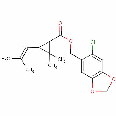 Cyclopropanecarboxylicacid, 2,2-dimethyl-3-(2-methyl-1-propen-1-yl)-,(6-chloro-1,3-benzodioxol-5-yl)methyl ester Structure,70-43-9Structure