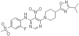 (2-氟-4-甲烷磺酰基-苯基)-{6-[4-(3-异丙基-[1,2,4]噁二唑-5-基)-哌啶-1-基]-5-硝基嘧啶-4-基}-胺结构式_733750-99-7结构式