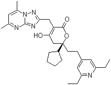 (R)-6-环戊基-6-[2-(2,6-二乙基吡啶-4-基)乙基]-3-[(5,7-二甲基-[1,2,4]噻唑并[1,5-a]嘧啶-2-基)甲基]-4-羟基-5,6-二氢-2H-吡喃-2-酮结构式_877130-28-4结构式