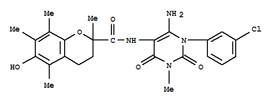  n-[6-氨基-1-(3-氯苯基)-1,2,3,4-四氢-3-甲基-2,4-二氧代-5-嘧啶]-3,4-二氢-6-羟基-2,5,7,8-2H-1-苯并吡喃-2-羧酰胺结构式_204980-85-8结构式