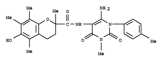  n-[6-氨基-1,2,3,4-四氢-3-甲基-1-(4-甲基苯基)-2,4-二氧代-5-嘧啶]-3,4-二氢-6-羟基-2,5,7,8-2H-1-苯并吡喃-2-羧酰胺结构式_204980-86-9结构式