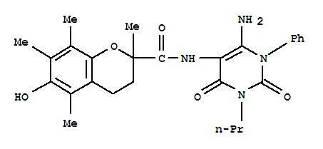  n-(6-氨基-1,2,3,4-四氢-2,4-二氧代-1-苯基-3-丙基-5-嘧啶)-3,4-二氢-6-羟基-2,5,7,8-四甲基-2H-1-苯并吡喃-2-羧酰胺结构式_204980-88-1结构式