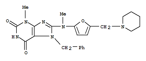 1H-purine-2,6-dione, 3,7-dihydro-3-methyl-8-[methyl[5-(1-piperidinylmethyl)-2-furanyl]amino]-7-(phenylmethyl)- Structure,793627-48-2Structure